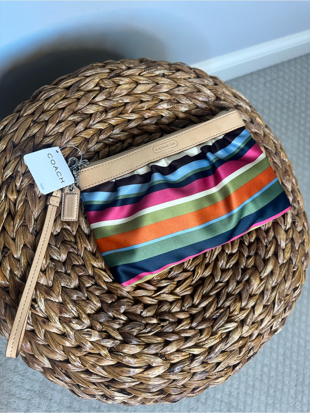 NWT Coach Legacy Stripe zipper wristlet pouch multicolored sateen leather 2005